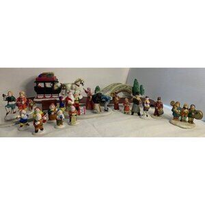 Vintage Christmas Village Figurine Set With Bridge & Sleigh